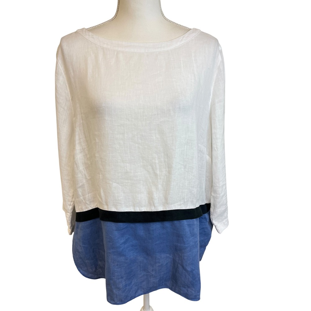 J JILL Linen Colorblock Tunic Top Women Sz L White Blue Coastal Casual Beachy - Picture 12 of 12